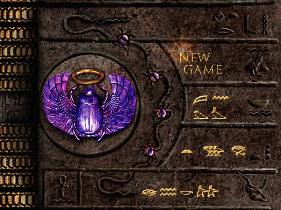 The Mummy (Windows) screenshot: The game's menu options are displayed as hieroglyphs which change to readable text when selected. Option two is the Save Game option