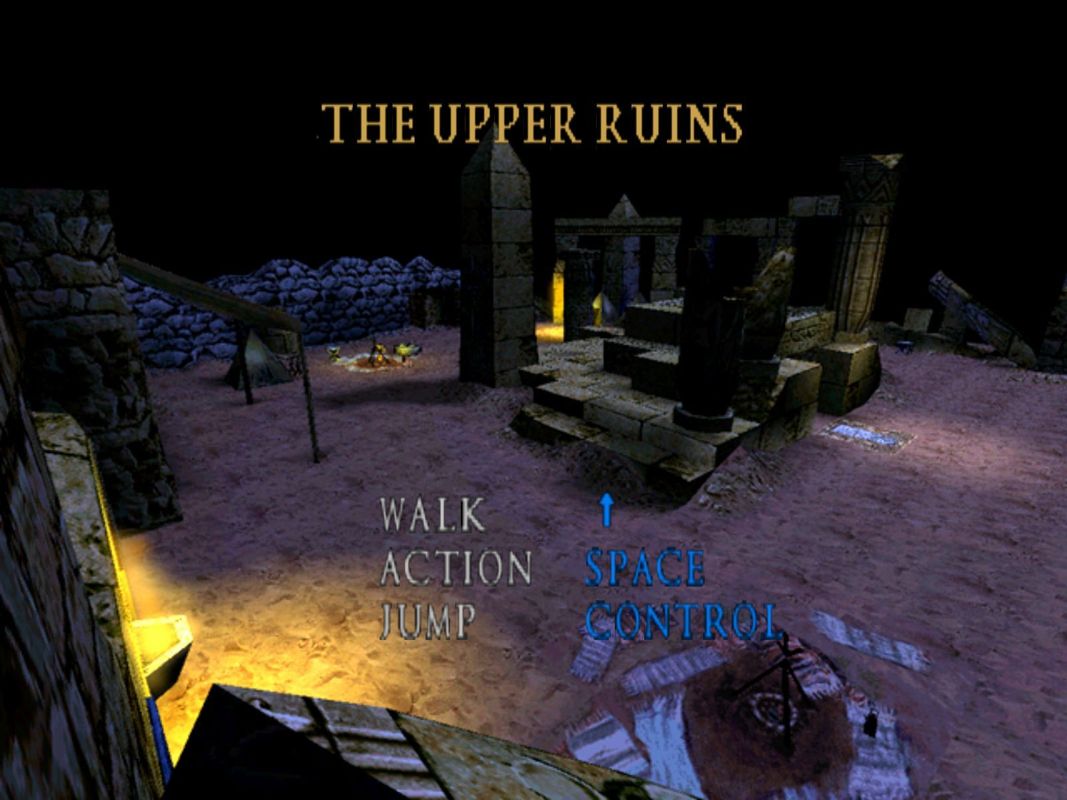 The Mummy (Windows) screenshot: The start of the first level. Training text is enabled here so the game pauses whenever a new action key is to be used.