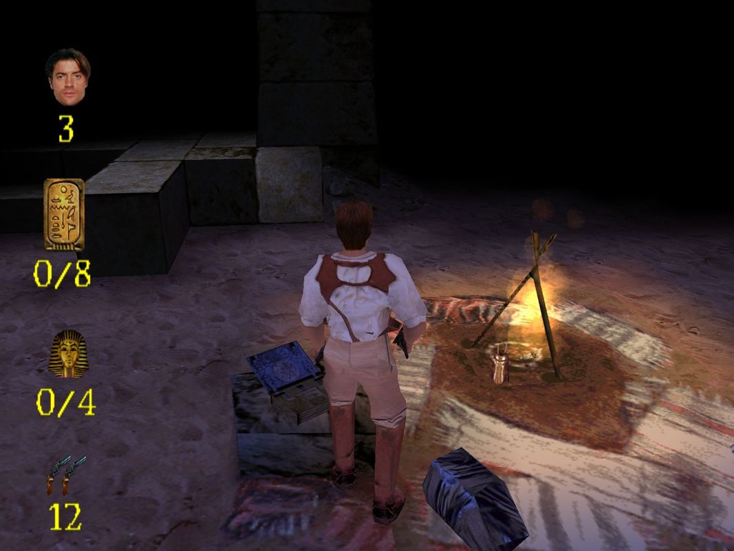 The Mummy (Windows) screenshot: The game begins here. The player has three lives and has collected none of the required items. Collecting all items results on a perfect round, multiple perfect rounds unlock bonus content