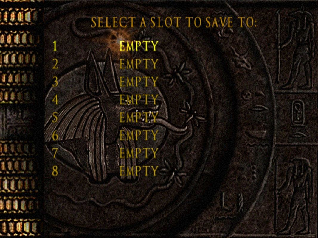The Mummy (Windows) screenshot: The Save Game menu is accessed via Option two on the main menu