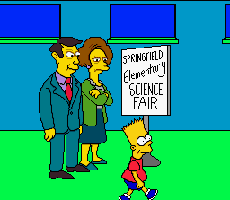 Virtual Bart (SNES) screenshot: Young Bart Simpson wander into the science fair