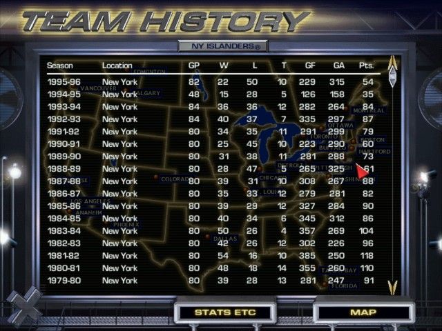 NHL 97 (DOS) screenshot: Team history screen