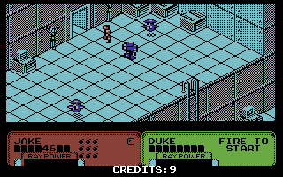 Escape from the Planet of the Robot Monsters (Commodore 64) screenshot: Try to rescue the hostages