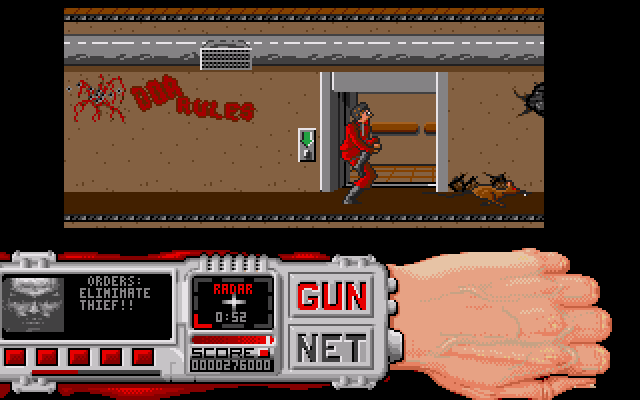 Techno Cop (Amiga) screenshot: "Yeow. Stupid rat stepped on me"