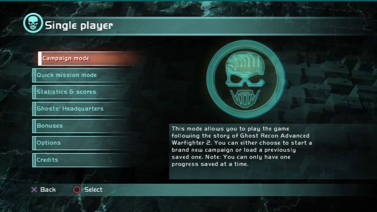 Tom Clancy's Ghost Recon: Advanced Warfighter 2 (PlayStation 3) screenshot: Single player menu.