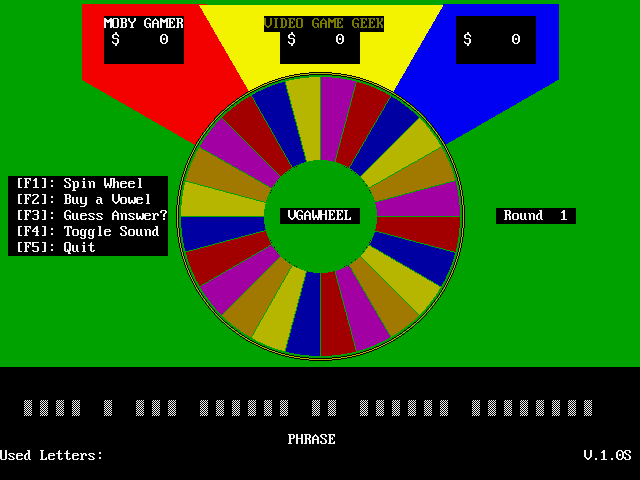 VGAWHEEL (DOS) screenshot: After entering player names the game starts. This is the first screen of a new game. Players spin the wheel (F1) and then enter a letter