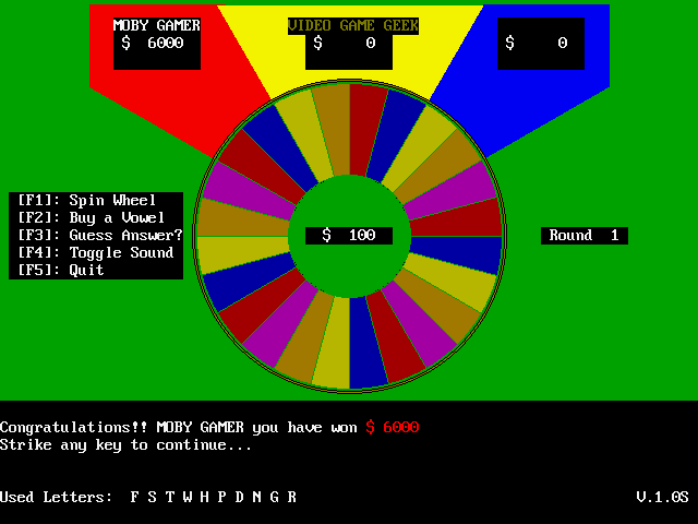 VGAWHEEL (DOS) screenshot: This is t he end of the first round and Moby Gamer has won.