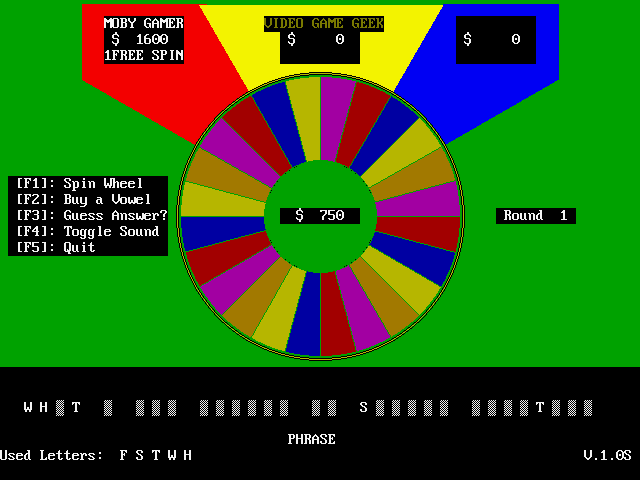 VGAWHEEL (DOS) screenshot: Five letters in and Moby Gamer is doing pretty good.