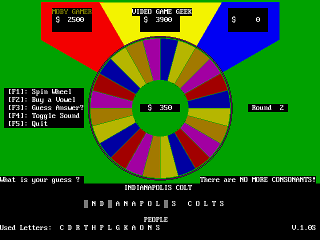 VGAWHEEL (DOS) screenshot: In this round the players have used up all the consonants and now a guess must be made