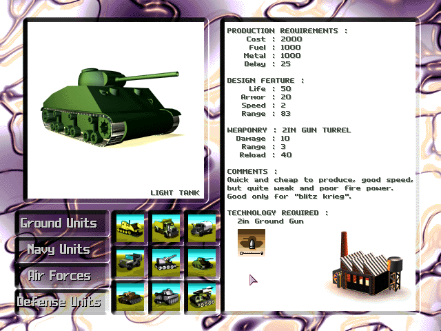 A.R.S.E.N.A.L Taste the Power (DOS) screenshot: The built-in Encyclopedia provides descriptions for all units available in the game.