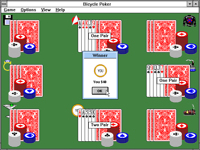 Bicycle Casino: Blackjack, Poker, Baccarat, Roulette (Windows 3.x) screenshot: Bicycle Poker: Winning