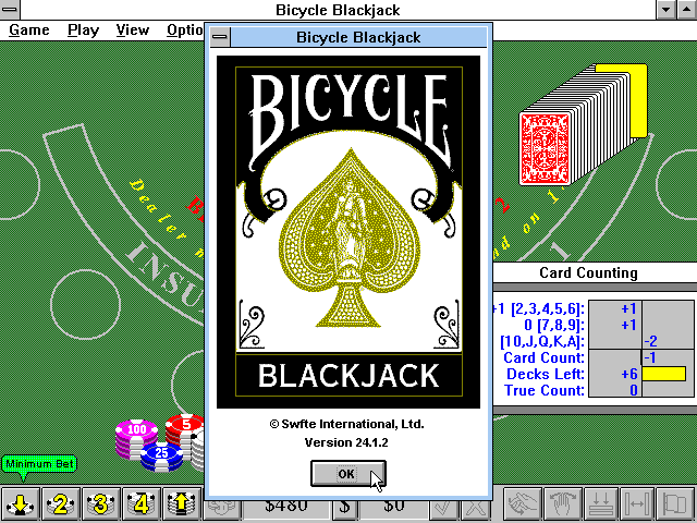 Bicycle Casino: Blackjack, Poker, Baccarat, Roulette (Windows 16-bit) screenshot: Bicycle Blackjack: Title Screen