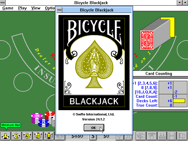 Bicycle Casino: Blackjack, Poker, Baccarat, Roulette (Windows 3.x) screenshot: Bicycle Blackjack: Title Screen