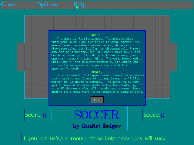 Soccer (DOS) screenshot: There are in-game rules which can be accesses via a drop-down menu.