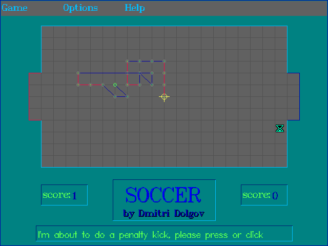 Soccer (DOS) screenshot: Here the computer is in a position where they cannot make a legal move. They therefore take a free kick, which in game terms is a six line move in any direction.