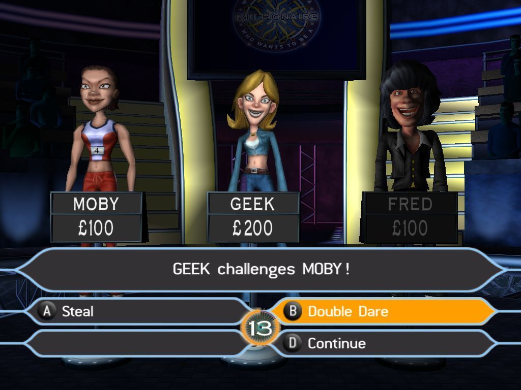 Who Wants to Be a Millionaire: Party Edition (Windows) screenshot: A multi-player game in progress. The scary Geek lady had dared to challenge Moby