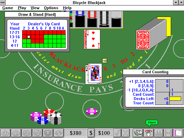 Bicycle Casino: Blackjack, Poker, Baccarat, Roulette (Windows 3.x) screenshot: Bicycle Blackjack: Draw & Stand chance