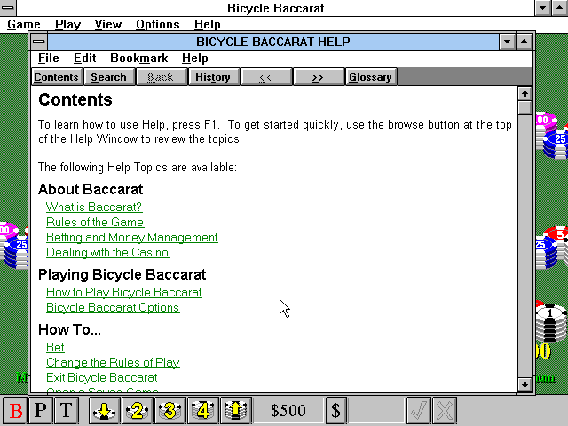 Bicycle Casino: Blackjack, Poker, Baccarat, Roulette (Windows 3.x) screenshot: Bicycle Baccarat: Help