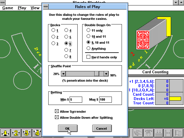 Bicycle Casino: Blackjack, Poker, Baccarat, Roulette (Windows 3.x) screenshot: Bicycle Blackjack: Rules of Play
