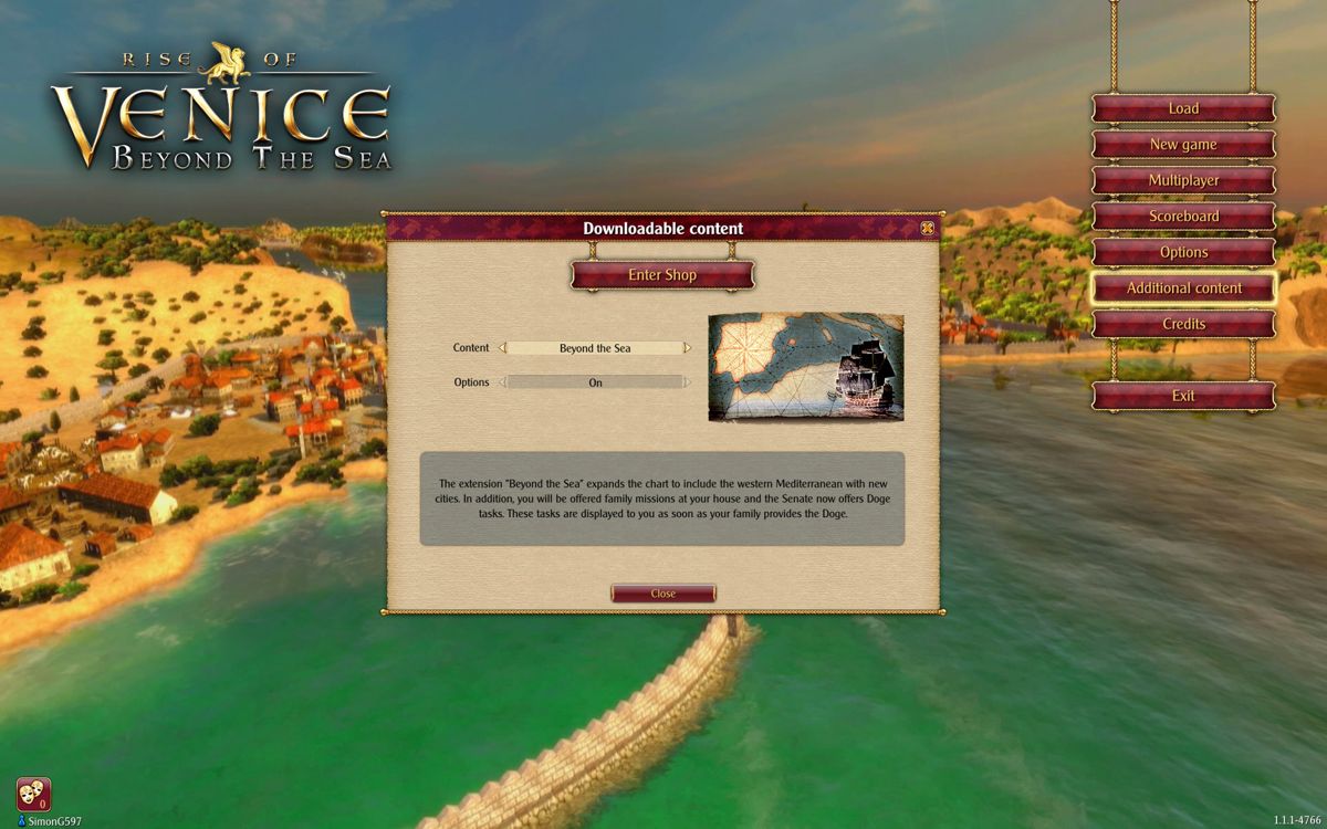 Rise of Venice: Beyond the Sea (Windows) screenshot: The expansion can also be bought via an ingame menu