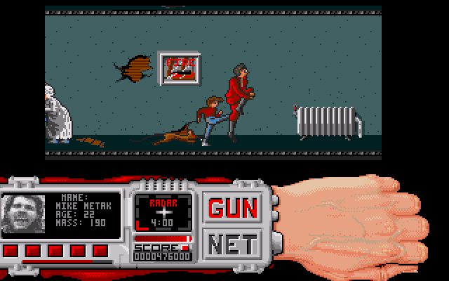 Techno Cop (Amiga) screenshot: "Oh, you little brat. Wait 'til you mummy finds out what you've done"