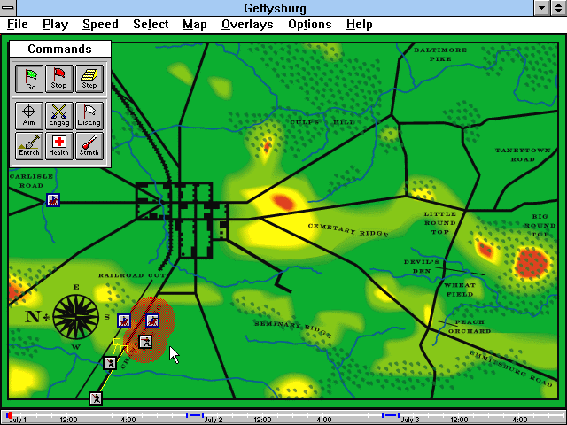 Gettysburg: An Interactive Battle Simulation (Windows 3.x) screenshot: Switching the Map from Antique to Terrain