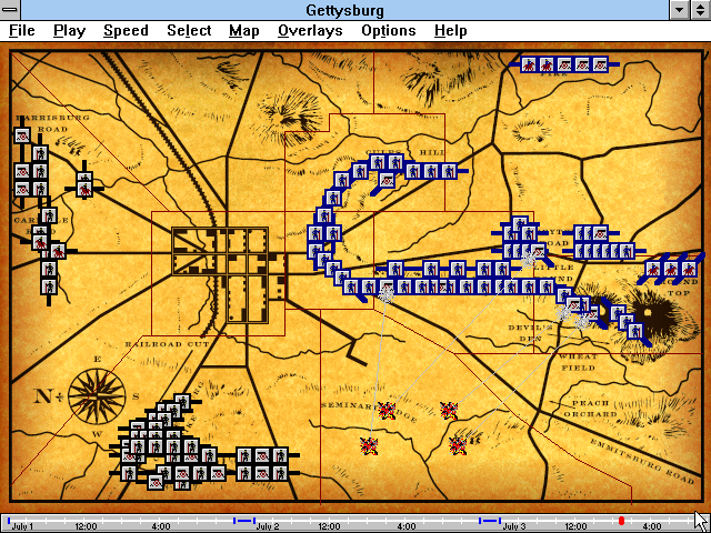 Gettysburg: An Interactive Battle Simulation (Windows 3.x) screenshot: Massive artillery shooting