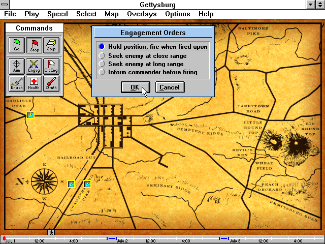 Gettysburg: An Interactive Battle Simulation (Windows 16-bit) screenshot: Selecting the Engagement Orders