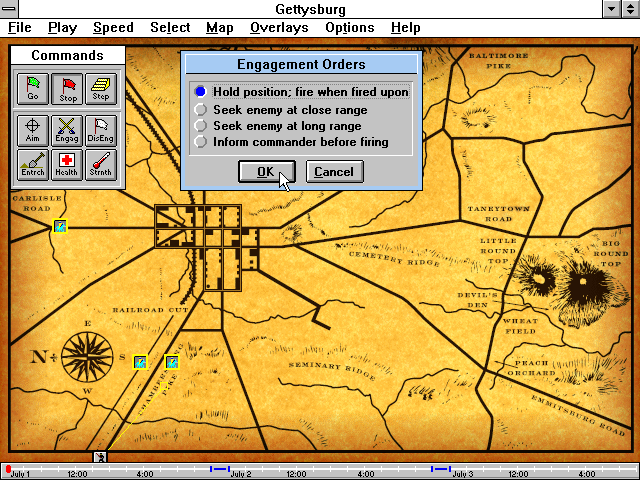 Gettysburg: An Interactive Battle Simulation (Windows 3.x) screenshot: Selecting the Engagement Orders
