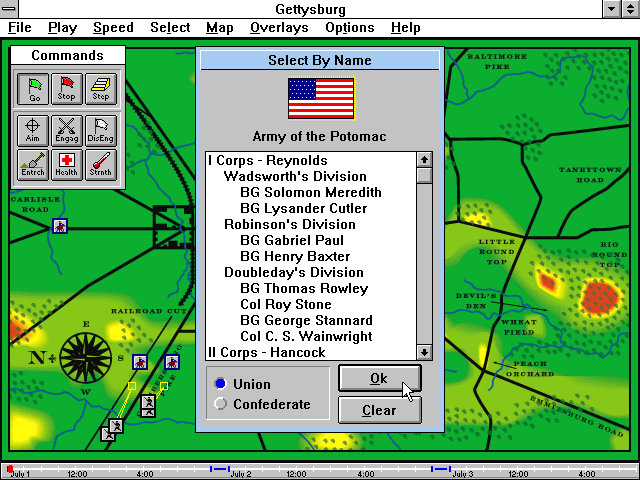 Gettysburg: An Interactive Battle Simulation (Windows 3.x) screenshot: Selecting the unit by name