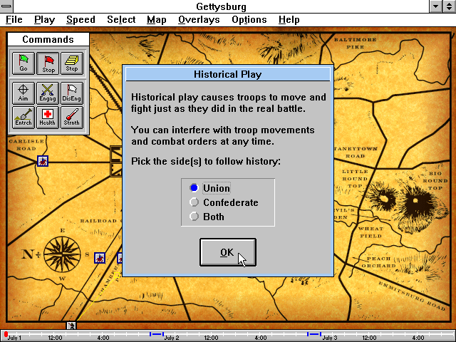 Gettysburg: An Interactive Battle Simulation (Windows 3.x) screenshot: Selecting the side in Historical Play