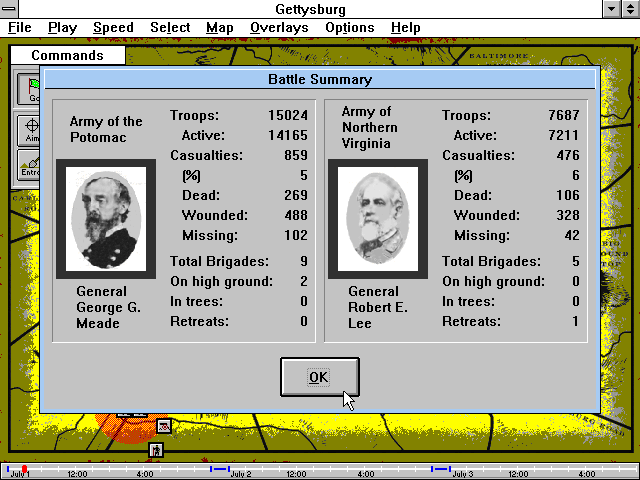 Gettysburg: An Interactive Battle Simulation (Windows 3.x) screenshot: Battle Summary