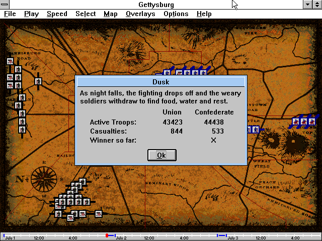Gettysburg: An Interactive Battle Simulation (Windows 3.x) screenshot: First day results