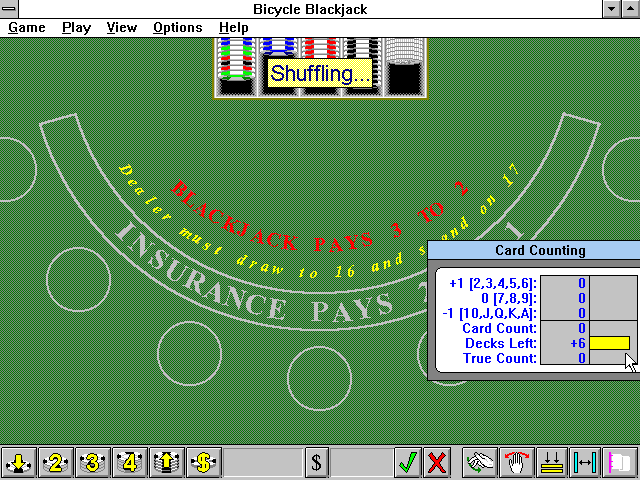 Bicycle Casino: Blackjack, Poker, Baccarat, Roulette (Windows 3.x) screenshot: Bicycle Blackjack: Shuffling...