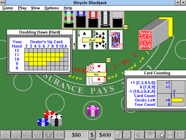 Bicycle Casino: Blackjack, Poker, Baccarat, Roulette (Windows 3.x) screenshot: Bicycle Blackjack: Winning