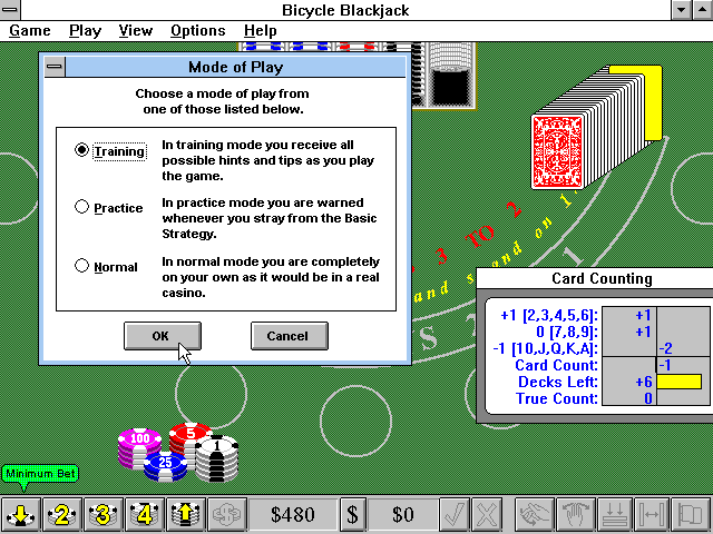 Bicycle Casino: Blackjack, Poker, Baccarat, Roulette (Windows 3.x) screenshot: Bicycle Blackjack: Mode of Play