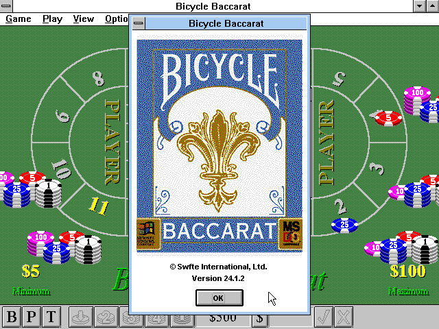 Bicycle Casino: Blackjack, Poker, Baccarat, Roulette (Windows 3.x) screenshot: Bicycle Baccarat: Title Screen