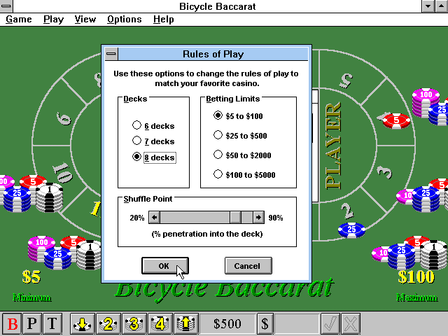Bicycle Casino: Blackjack, Poker, Baccarat, Roulette (Windows 3.x) screenshot: Bicycle Baccarat: Rules of Play