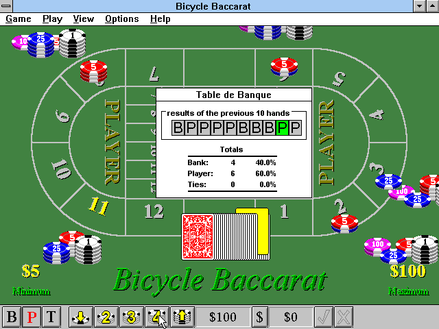 Bicycle Casino: Blackjack, Poker, Baccarat, Roulette (Windows 3.x) screenshot: Bicycle Baccarat: Play in progress