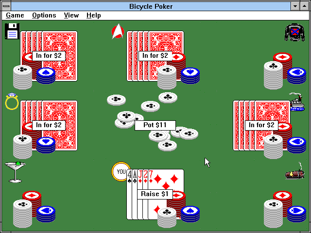 Bicycle Casino: Blackjack, Poker, Baccarat, Roulette (Windows 3.x) screenshot: Bicycle Poker: Three players are out