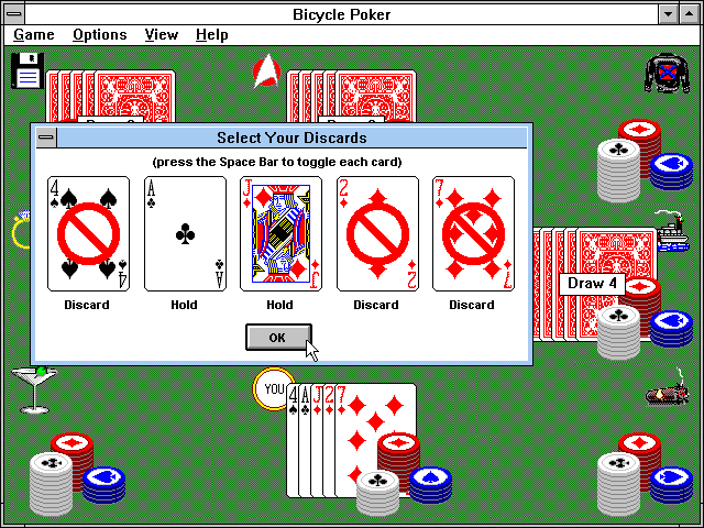 Bicycle Casino: Blackjack, Poker, Baccarat, Roulette (Windows 3.x) screenshot: Bicycle Poker: Select your discards