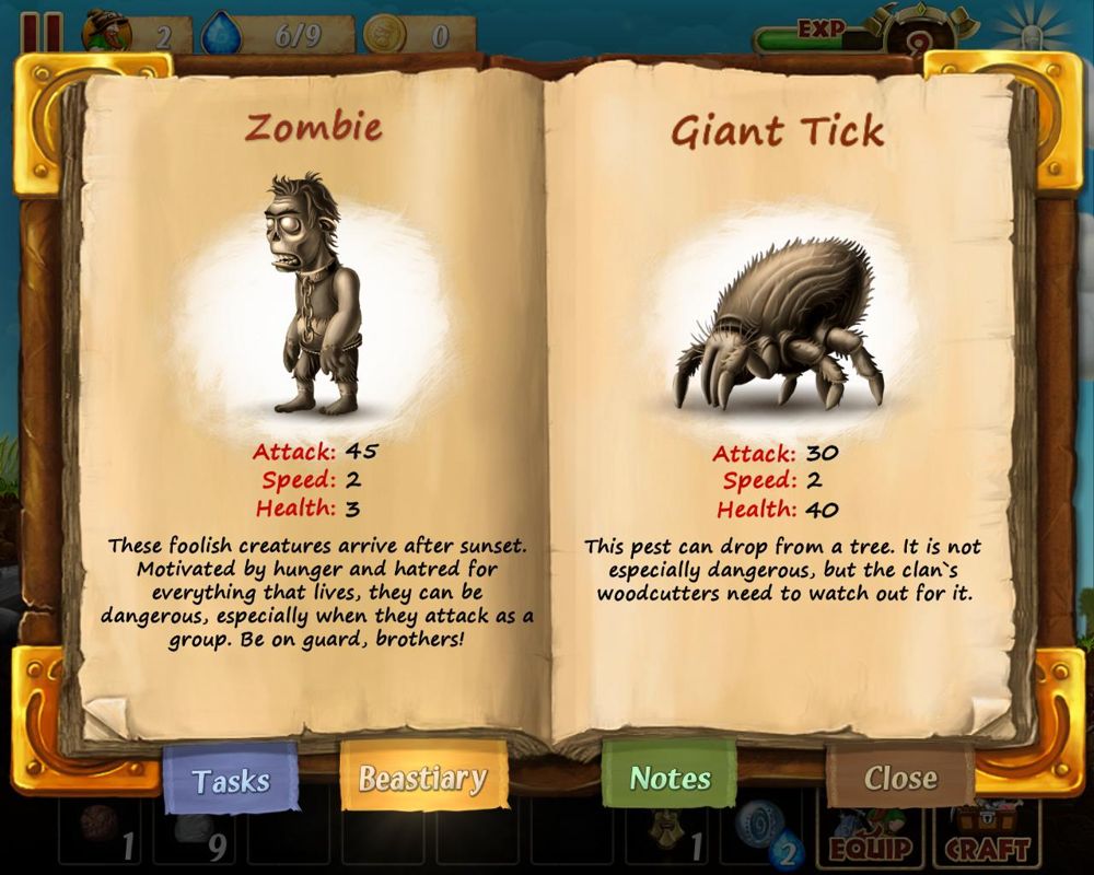 Craft the World (Windows) screenshot: A bestiary is available, though the current version of this game is noticeably lacking in other monsters other than these two.