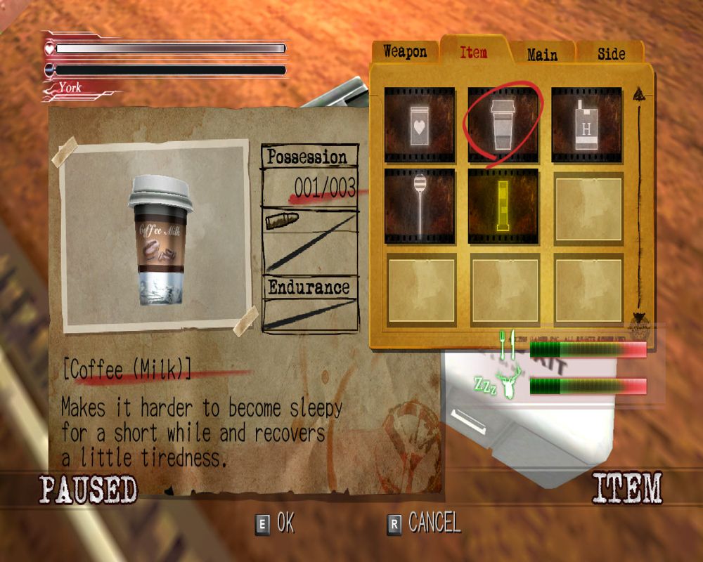 Deadly Premonition: The Director's Cut (Windows) screenshot: Your inventory. Weapons and a variety of items of various purposes