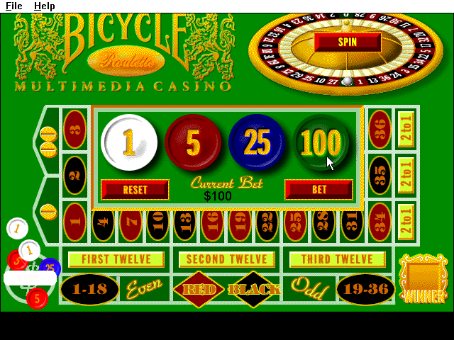 Bicycle Casino: Blackjack, Poker, Baccarat, Roulette (Windows 3.x) screenshot: Bicycle Roulette: Setting a bet