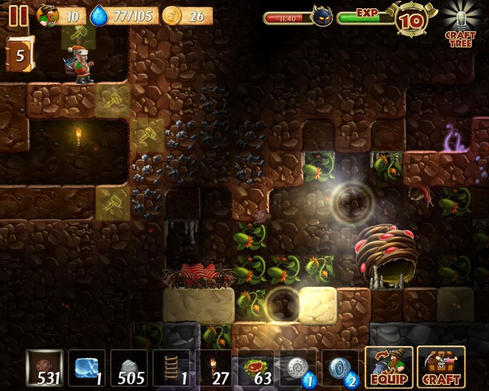 Craft the World (Windows) screenshot: Exploring underground may reveal many hidden secrets, as well as numerous monsters. Portrayed here is a red ant's nest just below a deposit of iron ore.