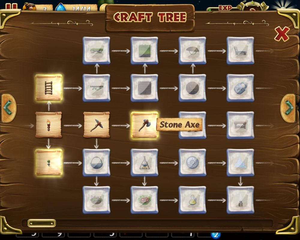 Craft the World (Windows) screenshot: The craft tree provides information of researched items and items that have yet to be unlocked. To unlock a new item, the previous item on the tree must first be crafted.