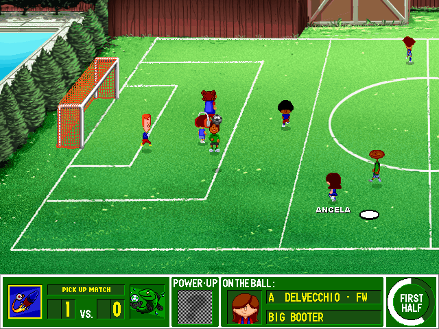 Backyard Soccer (Windows) screenshot: Hey, that's my goal! Get away from it!