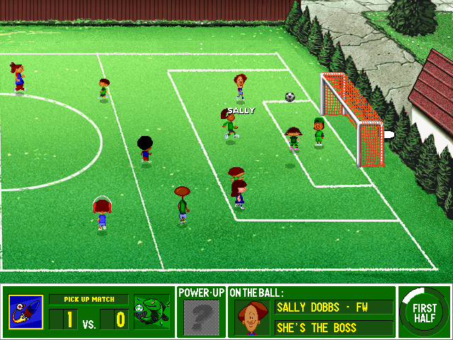 Backyard Soccer (Windows) screenshot: Shooting it sky high.
