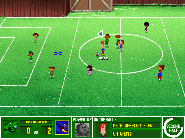 Backyard Soccer (Windows) screenshot: Pete runs it down the field.