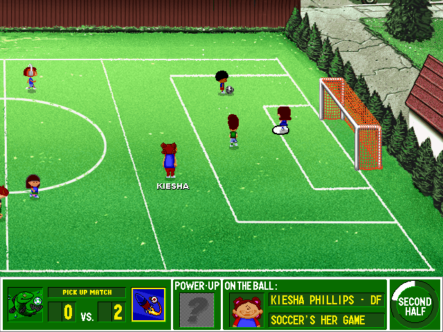 Backyard Soccer (Windows) screenshot: Dante makes sure to get it away from my goal.